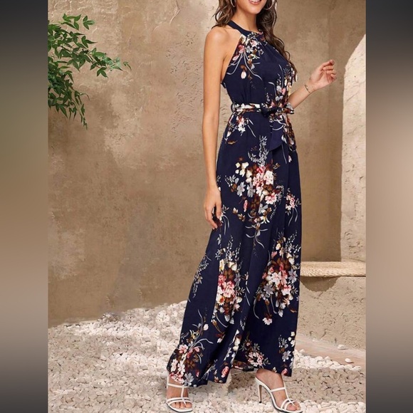 Shein Floral Print Tie Back Belted Maxi Dress Navy Blue women’s size small - Picture 1 of 15